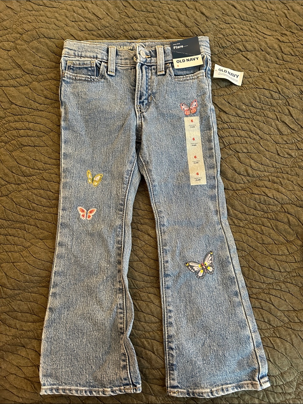 Girls Light Wash Butterfly Embroidered Flare Jeans Y2K Boho Festival